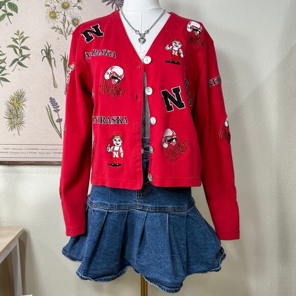 Vintage 90s Y2k Nebraska Huskers Cornhuskers Football Embroidered Cardigan M - Picture 1 of 9